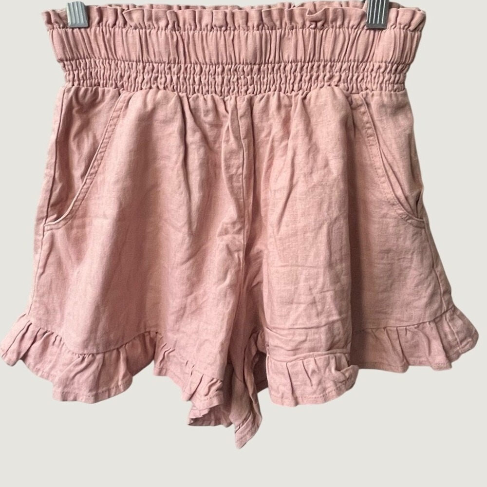 Vanilla Star Pink Linen Blend Smocked High Waist Ruffle Shorts Juniors Medium